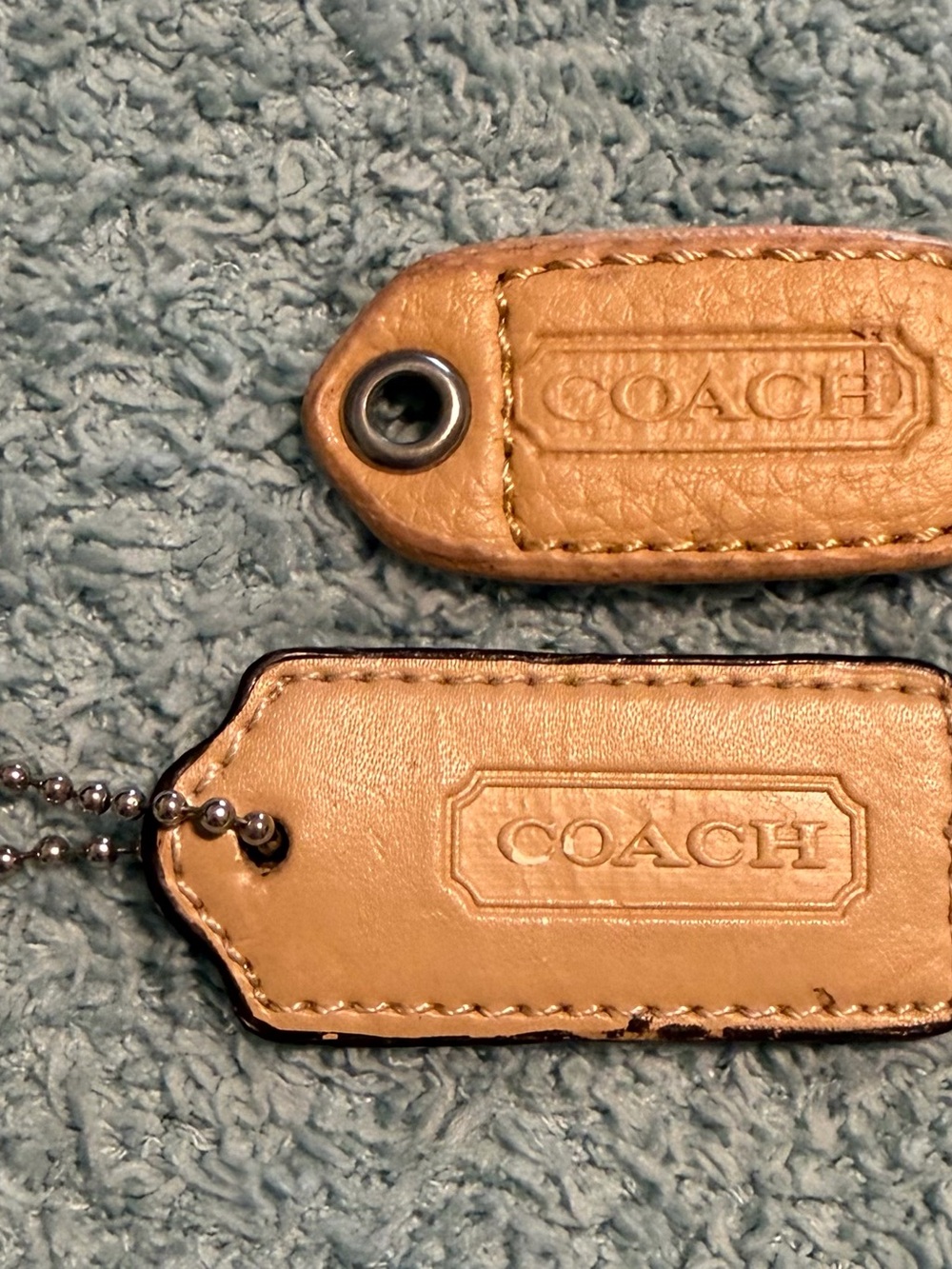 Pair Of Coach 2" Hang Tag Fob Bag Charm Tan Beige Leather Silver Ball Chain Logo